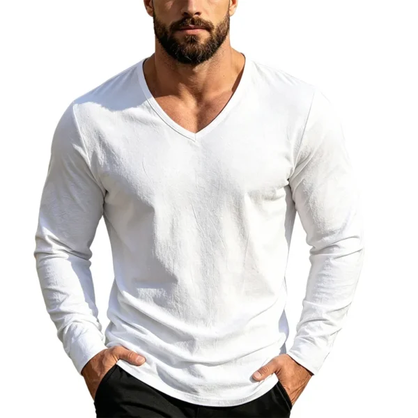 H4cbd5301d8904917b703c871b6172394b.webp Men's Linen-Blend V-Neck Long Sleeve Top