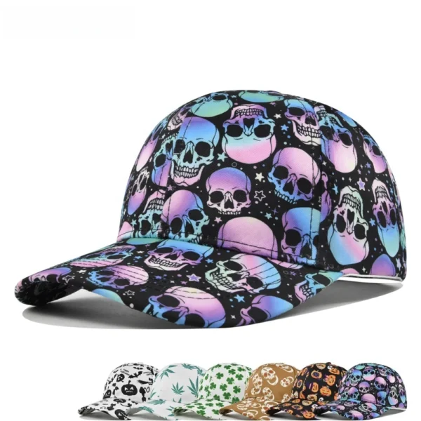 Hb6f200f906004770b4aa3740993413ae6.webp Halloween Skull & Pumpkin Print Cap