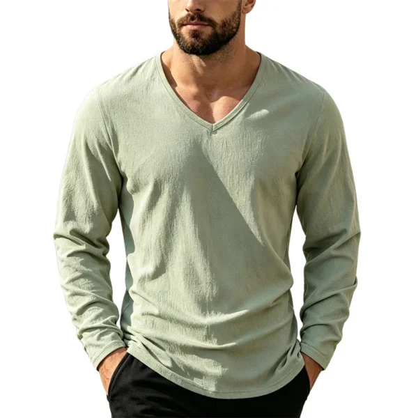 Hdb9ef29f19e04dc39963aec2374e944eb.webp Men's Linen-Blend V-Neck Long Sleeve Top